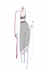 Young stylish woman, model. Fashion illustration in sketch style. Vector