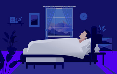 Man sleeping in bed vector illustration - Male person in dark bedroom going to sleep