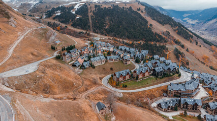 Aerial view of Bausen, high mountain village in the Aran Valley, in the Pyrenees of the province of...