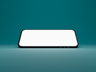 Realistic phone screen smartphone black color on turquoise bg. Mockup of smartphone. 3D rendering.