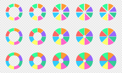 Pie and donut charts set. Circle diagrams divided in 8 sections of different colors. Balance wheels of life. Round shapes cut in eight parts on transparent background. Vector flat illustration.