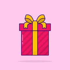 Colorful Gift Box with Ribbon Bow. Red Present Box in Wrap. Surprise for Birthday, New Year, Wedding, Christmas, Anniversary. Flat Cartoon Style. Isolated Vector Illustration