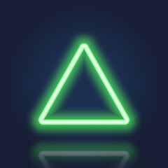 Realistic Triangle Neon Banner with Glowing Border on Dark Background. Green Neon Frame with Reflection Effect. Electric Light Triangle. Isolated Vector Illustration