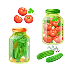 Flat illustration of jars of canned cucumbers and tomatoes. Green cucumbers gherkins and red tomatoes with spices in a glass jar on white background. Idea for poster, sticker, web design and so on.