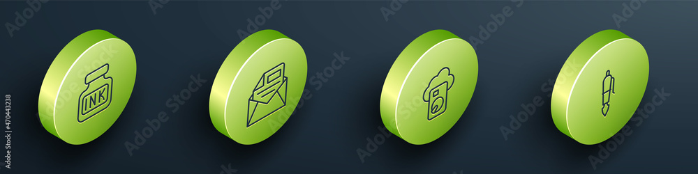 Poster set isometric line inkwell, mail and e-mail, cloud database and fountain pen nib icon. vector