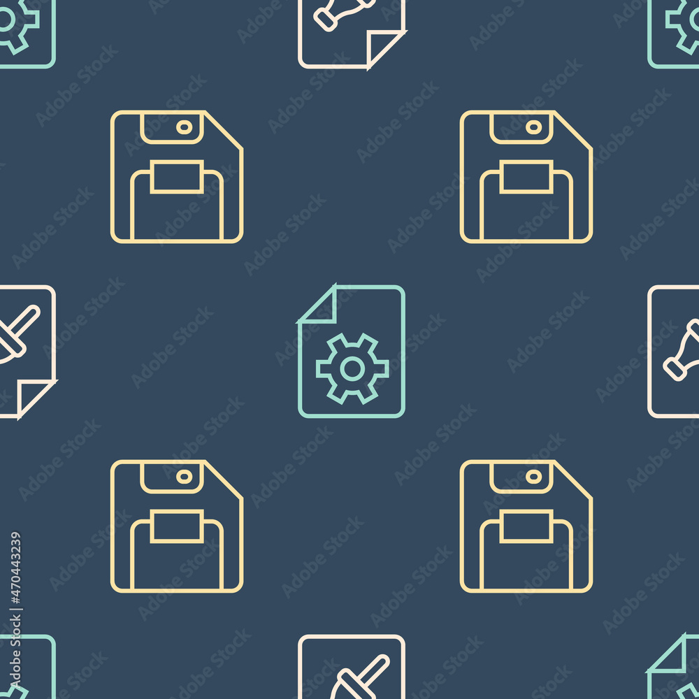Poster set line note paper with push button, floppy disk and document settings on seamless pattern. vector