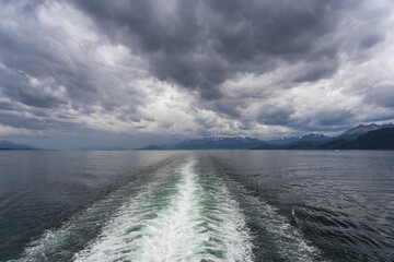 Ship's wake in the Beagle Channel in Argentina