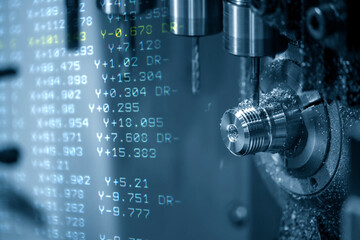 The abstract scene multi-tasking CNC lathe machine tapping the brass fitting  parts and G-code data background.