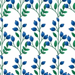 Blue berries seamless pattern with green leaves on a white background. For packaging, textiles, design