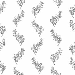 Seamless pattern black doodle branches with leaves and berries on a white background. For packaging, design, textiles, wallpaper