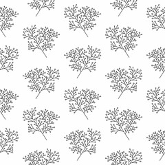 Seamless pattern black doodle branches with leaves and berries on a white background. For packaging, design, textiles, wallpaper