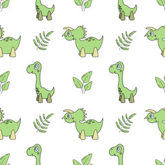 Vector seamless pattern with cartoon little dinosaurs and leaves in green color. Cute happy children characters. Nice illustration for kids fabric, textile, wallpaper 