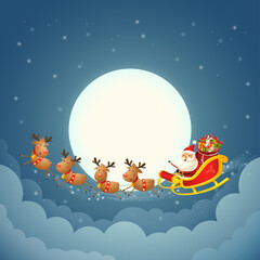 Santa Claus sleigh - silhouette on moon - Christmas background
