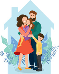 A happy family stands hugging, dad and mom hold their daughter in their arms, son stands next to dad. Protecting the family under the roof, protecting from coronavirus. Vector illustration
