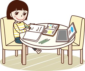 リビングでタブレットを使い勉強する笑顔の若い女性。