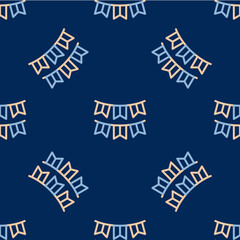 Line Carnival garland with flags icon isolated seamless pattern on blue background. Party pennants for birthday celebration, festival decoration. Vector