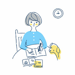 丸テーブルでノートに記入している女性