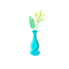 Flat illustration of turquoise vase with branch of mimosa on white background. A branch with yellow flower balls and green leaves. Idea for poster, sticker, children's book, web design and so on.