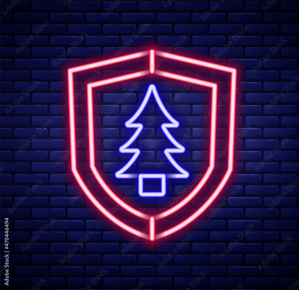 Poster glowing neon line shield with tree icon isolated on brick wall background. eco-friendly security shi