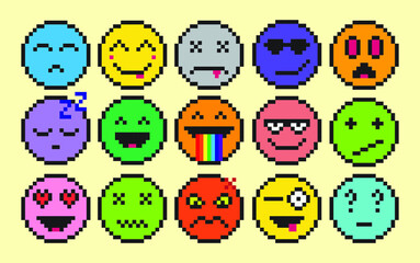 A set of 15 vector pixel art emojis