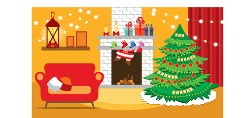 Obraz premium Christmas room interior. Christmas tree and decoration. Gifts and fireplace. Flat style vector illustration.White brick fireplace.Santa Claus climbs through the chimney