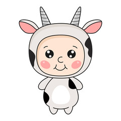 Cute kawaii kid in cow costume. Vector illustration.