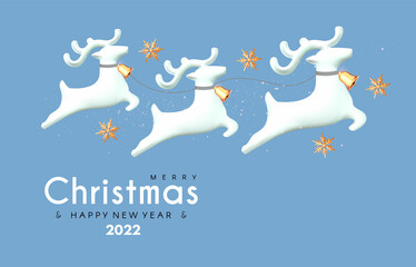 Merry Christmas and Happy New Year soft blue 3D design with cute flying Christnas deers