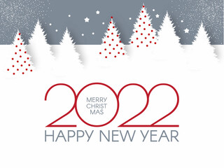 Happy New 2022 Year flyer design template. Elegant white card with Christmas trees. Coniferous forest