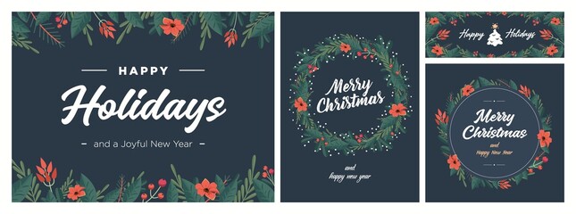 Set of Christmas and Happy New Year Floral Card templates. Trendy retro style. Vector design element.