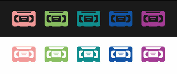 Set VHS video cassette tape icon isolated on black and white background. Vector