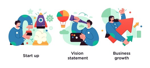 Successful project launch, corporate strategy presentation, icons set. Startup, vision statement, business growth metaphors.