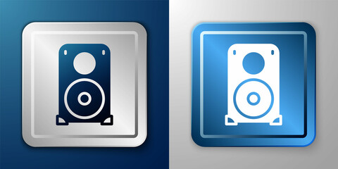 White Stereo speaker icon isolated on blue and grey background. Sound system speakers. Music icon. Musical column speaker bass equipment. Silver and blue square button. Vector