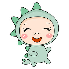 Cute kawaii kid in dino costume. Vector illustration.