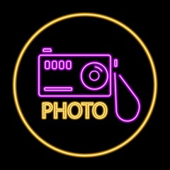 Camera neon sign, modern glowing banner design, colorful modern design trends on black background. Vector illustration.