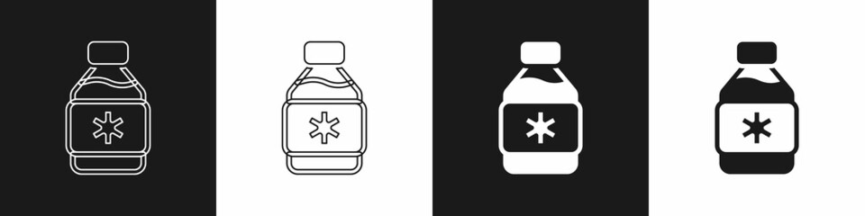 Set Bottle of medicine syrup icon isolated on black and white background. Vector