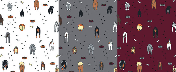 Funny dogs butt pattern, print. Vector illustration of dogs, with pastel color and other doggy stuff