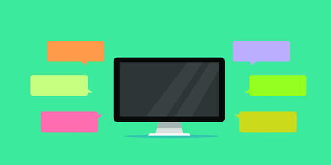 Computer and customer review rating messages, flat cartoon of desktop pc display and online reviews or client testimonials, experience or feedback, rating stars, survey comments image
