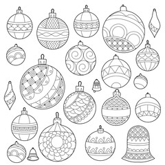 Isolated festive objects for Christmas tree decoration. Black and white festive balls on white background. Elements for season design and coloring book