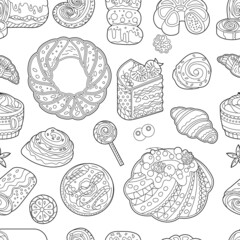 Seamless Christmas pattern with black and white desserts. Cakes, sweets and muffins  on white background. Endless texture with different pastry for food design.