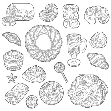 Set with festive black and white desserts. Christmas cakes, sweets and muffins isolated on white background. Different pastry for coloring book and food season design.