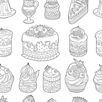 Seamless pattern with black and white desserts. Cakes, sweets and muffins  on white background. Endless texture with different pastry for food design.