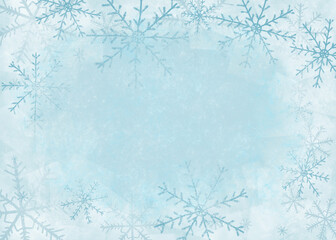Grunge winter watercolor white-blue cold background with snowflakes in the form of a frame