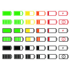 Set of capacity battery icons. Mobile phone charge level illustration sign collection in flat style. Battery icon set. Battery charge charging indicator icons. Battery energy level symbols. Flat style