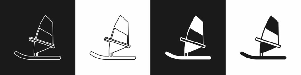 Set Windsurfing icon isolated on black and white background. Vector