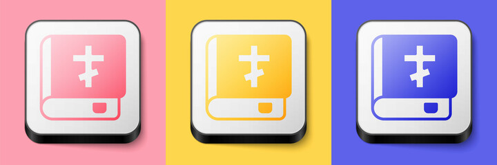 Isometric Holy bible book icon isolated on pink, yellow and blue background. Square button. Vector