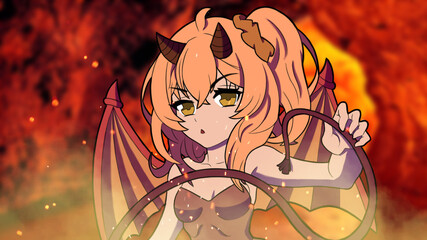 beautiful anime manga girl dragon with wings and a tail in her hands holding a whip llustration HD wallpaper  - obrazy, fototapety, plakaty