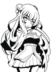 beautiful anime manga girl warrior with blue hair torn scarf in a skirt and with bows on her hair painting line style manga vector	
