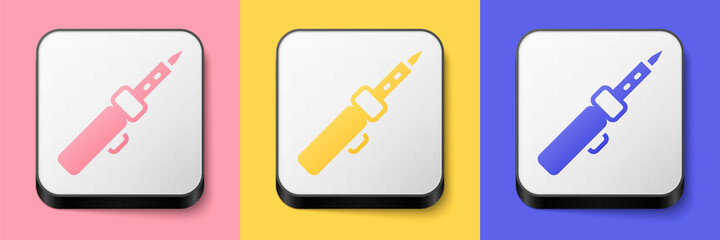 Isometric Soldering iron icon isolated on pink, yellow and blue background. Square button. Vector