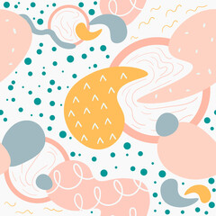 Abstract seamless pattern. Hand drawn doodle various shapes, lines, spots, drops, circle. Contemporary modern trendy Vector background or wallpapers