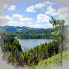 Obraz premium Beautiful landscape painting art in big size. Nature scene drawing artwork. Illustration for design digital or print work - poster, postcard, canvas, paper and else touristic production.